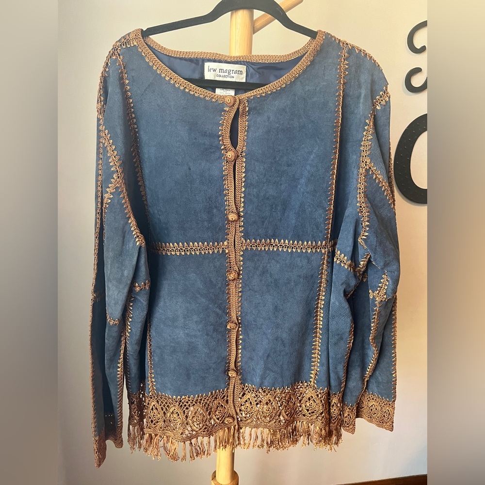 Lew Magram Suede Fringe Hand Knotted Cardigan Blazer Size 24